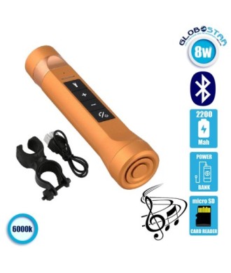 LED Φακός Επαναφορτιζόμενος 8W 800lm Χρυσός POWERBANK με Βάση Στήριξης Ποδηλάτου και Υποδοχές SD Card - USB με Ηχείο 3W Bluetooth GloboStar 06209